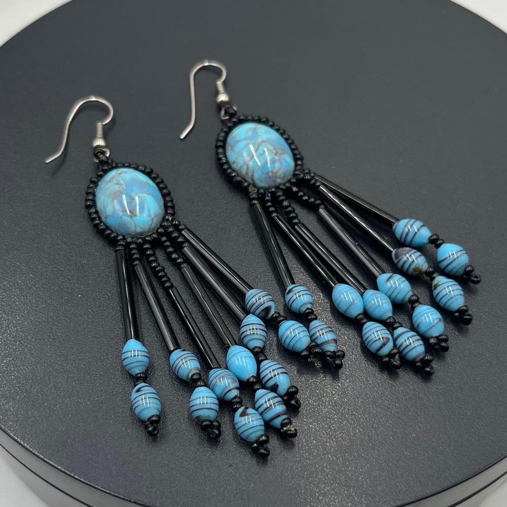 Handmade Southwestern Style Faux Turquoise Seed Bead Beaded dangle Earrings